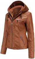 MaikeDiao Faux Leather Jacket Women Motorcycle Coat for Biker with Removable Hood Plus Size