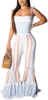 MaikeDiao Women Bell Bottom Playsuit Jumpsuit, Spaghetti Strap Cold Shoulder Empire Waist Flare Pants Rompers Jumpsuits