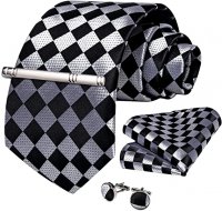 MaikeDiao Plaid Tie Men's Silk Tie and Pocket Square Cufflinks Tie Clip Set Wedding Business