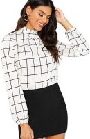 MaikeDiao Women's Elegant Printed Stand Collar Long Sleeve Workwear Blouse Top Shirts