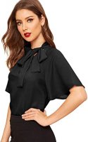 MaikeDiao Women's Casual Side Bow Tie Neck Short Sleeve Blouse Shirt Top